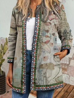 Hot Women's Casual Jacket Windproof Warm Pocket Color Block Open Front with Pockets Modern Floral Casual Daily Casual Daily Short Crewneck Regular Fit Long Sleeve Outerwear Red Blue Khaki Fall Women Jackets