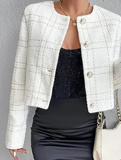 Outlet Women's Casual Jacket Windproof Warm with Pockets Print Fashion Daily Street Style Plaid Vacation Street Sport Daily Wear Single Breasted Regular Crewneck Regular Fit Long Sleeve Outerwear Black Women Blazers & Suits