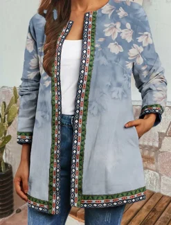 Sale Women's Casual Jacket Windproof Warm Pocket Color Block Open Front with Pockets Modern Floral Casual Daily Casual Daily Short Crewneck Regular Fit Long Sleeve Outerwear Black Light Green Blue Fall Women Jackets