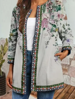 Sale Women's Casual Jacket Windproof Warm Pocket Color Block Open Front with Pockets Modern Floral Casual Daily Casual Daily Short Crewneck Regular Fit Long Sleeve Outerwear Black Light Green Blue Fall Women Jackets