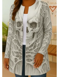 Outlet Women's Casual Lightweight Coat Windproof Warm Pocket Color Block Open Front Modern Boho Vintage Skull Daily Short Crewneck Regular Fit Long Sleeve With Pocket Outerwear Fall Women Jackets