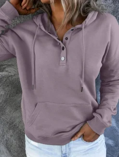 Sale Women's Casual Long Sleeve Hoodie Regular Tops Street Dailywear Patchwork Buttons Black Wine Purple Fall Winter Women Hoodies & Sweatshirts