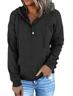 Sale Women's Casual Long Sleeve Hoodie Regular Tops Street Dailywear Patchwork Buttons Black Wine Purple Fall Winter Women Hoodies & Sweatshirts