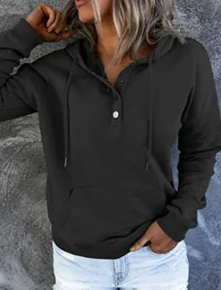Sale Women's Casual Long Sleeve Hoodie Regular Tops Street Dailywear Patchwork Buttons Black Wine Purple Fall Winter Women Hoodies & Sweatshirts