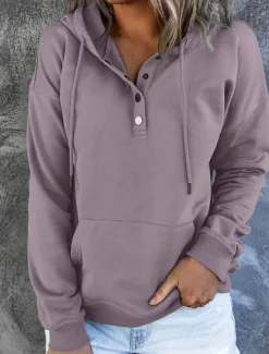 Sale Women's Casual Long Sleeve Hoodie Regular Tops Street Dailywear Patchwork Buttons Black Wine Purple Fall Winter Women Hoodies & Sweatshirts