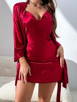 Women's Chemises & Gowns Elastic WaistNightwearPolyester Black Red Summer Spring Women Pajama-Setter