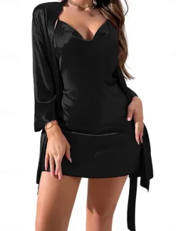 Women's Chemises & Gowns Elastic WaistNightwearPolyester Black Red Summer Spring Women Pajama-Setter