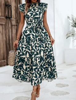 Clearance Women's Chiffon Dress Floral Ruffle Crew Neck Puff Sleeve Midi Dress Casual Short Sleeve Summer Spring Women Spring Dresses|Floral Dresses