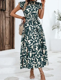 Clearance Women's Chiffon Dress Floral Ruffle Crew Neck Puff Sleeve Midi Dress Casual Short Sleeve Summer Spring Women Spring Dresses|Floral Dresses