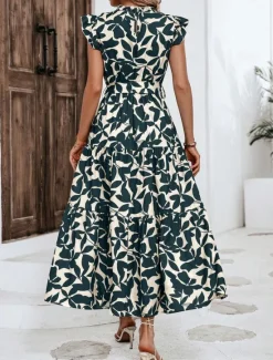 Clearance Women's Chiffon Dress Floral Ruffle Crew Neck Puff Sleeve Midi Dress Casual Short Sleeve Summer Spring Women Spring Dresses|Floral Dresses