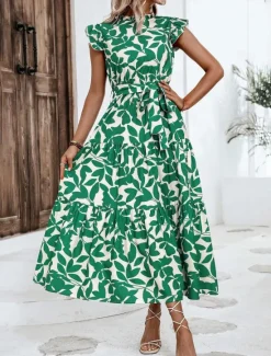 Clearance Women's Chiffon Dress Floral Ruffle Crew Neck Puff Sleeve Midi Dress Casual Short Sleeve Summer Spring Women Spring Dresses|Floral Dresses