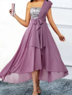 Online Women's Chiffon Dress Maxi Dress Sequins Ruched Wedding Guest Cocktail Party Elegant Formal One Shoulder Sleeveless Color Women Cocktail Dress