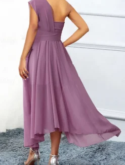 Online Women's Chiffon Dress Maxi Dress Sequins Ruched Wedding Guest Cocktail Party Elegant Formal One Shoulder Sleeveless Color Women Cocktail Dress