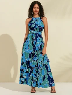 Women's Chiffon Dress Maxi Dress Purple Sleeveless Floral Ruffle Printing Spring & Summer Round Pattern Dress XS S M Women Floral Dresses|Chiffon Dresses