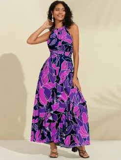 Women's Chiffon Dress Maxi Dress Purple Sleeveless Floral Ruffle Printing Spring & Summer Round Pattern Dress XS S M Women Floral Dresses|Chiffon Dresses