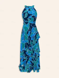 Women's Chiffon Dress Maxi Dress Purple Sleeveless Floral Ruffle Printing Spring & Summer Round Pattern Dress XS S M Women Floral Dresses|Chiffon Dresses