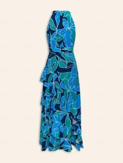 Women's Chiffon Dress Maxi Dress Purple Sleeveless Floral Ruffle Printing Spring & Summer Round Pattern Dress XS S M Women Floral Dresses|Chiffon Dresses