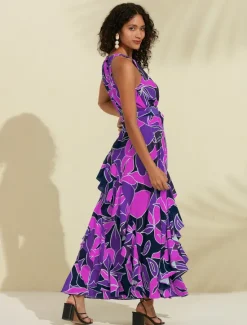 Women's Chiffon Dress Maxi Dress Purple Sleeveless Floral Ruffle Printing Spring & Summer Round Pattern Dress XS S M Women Floral Dresses|Chiffon Dresses