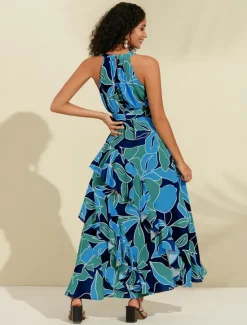 Women's Chiffon Dress Maxi Dress Purple Sleeveless Floral Ruffle Printing Spring & Summer Round Pattern Dress XS S M Women Floral Dresses|Chiffon Dresses