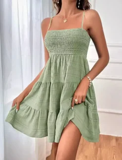 Hot Women's Chiffon Dress Plain Ruffle Shirred Spaghetti Strap Midi Dress Casual Sleeveless Summer Spring Women Sundresses
