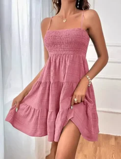 Hot Women's Chiffon Dress Plain Ruffle Shirred Spaghetti Strap Midi Dress Casual Sleeveless Summer Spring Women Sundresses