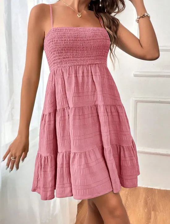 Hot Women's Chiffon Dress Plain Ruffle Shirred Spaghetti Strap Midi Dress Casual Sleeveless Summer Spring Women Sundresses