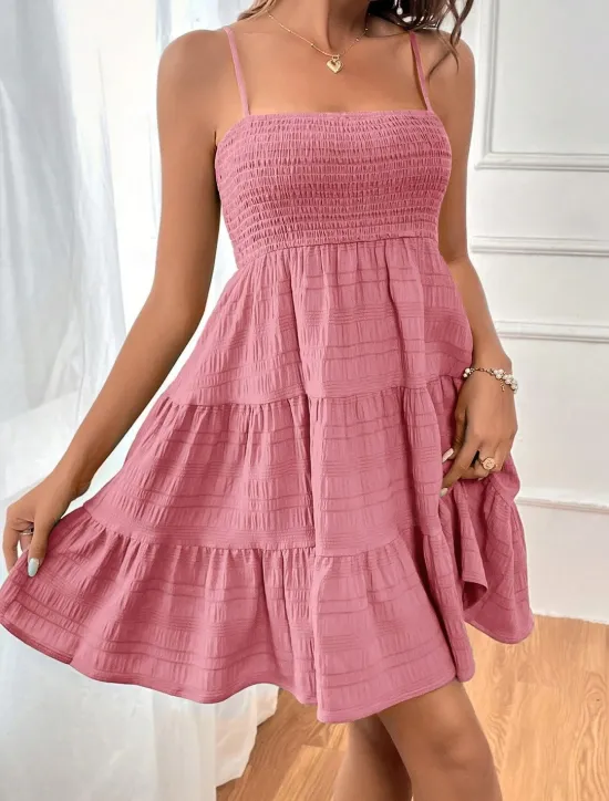 Hot Women's Chiffon Dress Plain Ruffle Shirred Spaghetti Strap Midi Dress Casual Sleeveless Summer Spring Women Sundresses