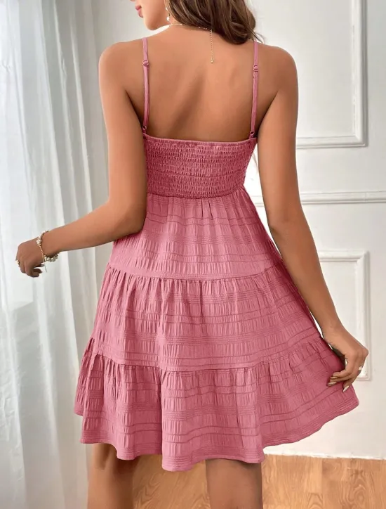 Hot Women's Chiffon Dress Plain Ruffle Shirred Spaghetti Strap Midi Dress Casual Sleeveless Summer Spring Women Sundresses