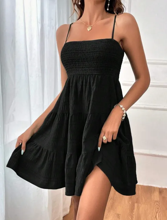 Hot Women's Chiffon Dress Plain Ruffle Shirred Spaghetti Strap Midi Dress Casual Sleeveless Summer Spring Women Sundresses