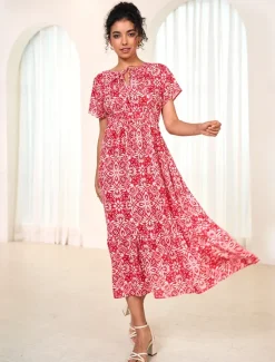 Women's Chiffon Floral Leaf Tie Neck Maxi Dress Short Sleeve Summer Women Vacation Dresses
