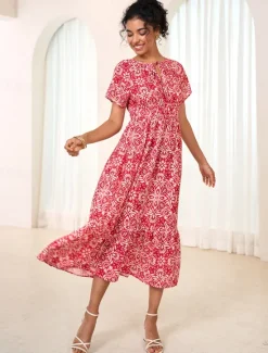 Women's Chiffon Floral Leaf Tie Neck Maxi Dress Short Sleeve Summer Women Vacation Dresses