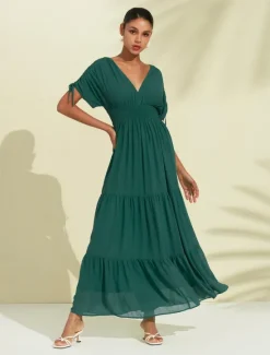 Sale Women's Chiffon Halter V Neck Tie Back Smock Maxi Dress Women Chiffon Dresses