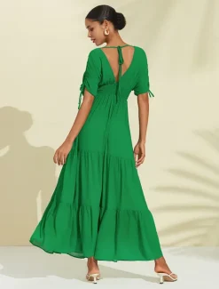 Sale Women's Chiffon Halter V Neck Tie Back Smock Maxi Dress Women Chiffon Dresses