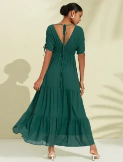 Sale Women's Chiffon Halter V Neck Tie Back Smock Maxi Dress Women Chiffon Dresses