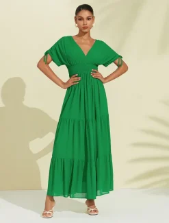 Sale Women's Chiffon Halter V Neck Tie Back Smock Maxi Dress Women Chiffon Dresses