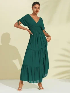 Sale Women's Chiffon Halter V Neck Tie Back Smock Maxi Dress Women Chiffon Dresses