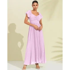 Hot Women's Chiffon Wedding Guest Maxi Dress Elegant Sweetheart Pleated V-Neck Short Sleeve A-Line Formal Evening Dress Women Casual Dress|Cocktail Dress