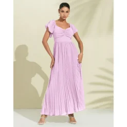 Hot Women's Chiffon Wedding Guest Maxi Dress Elegant Sweetheart Pleated V-Neck Short Sleeve A-Line Formal Evening Dress Women Casual Dress|Cocktail Dress