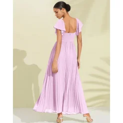 Hot Women's Chiffon Wedding Guest Maxi Dress Elegant Sweetheart Pleated V-Neck Short Sleeve A-Line Formal Evening Dress Women Casual Dress|Cocktail Dress