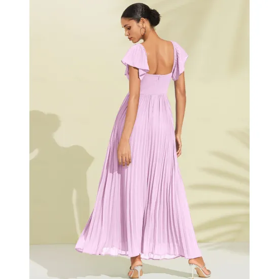 Hot Women's Chiffon Wedding Guest Maxi Dress Elegant Sweetheart Pleated V-Neck Short Sleeve A-Line Formal Evening Dress Women Casual Dress|Cocktail Dress