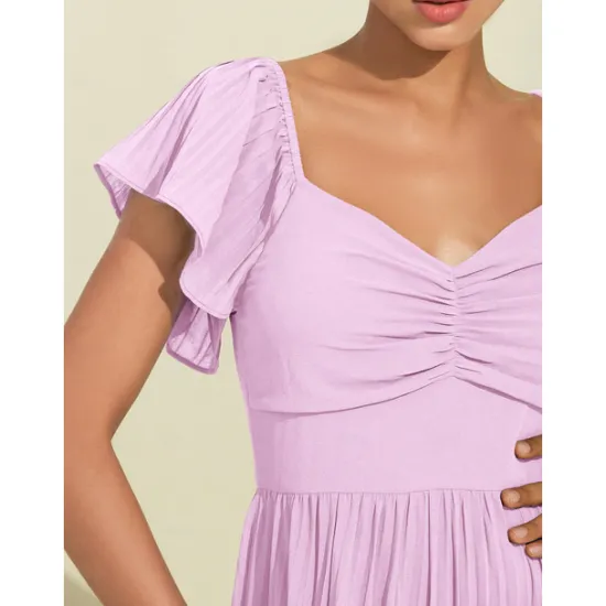 Hot Women's Chiffon Wedding Guest Maxi Dress Elegant Sweetheart Pleated V-Neck Short Sleeve A-Line Formal Evening Dress Women Casual Dress|Cocktail Dress
