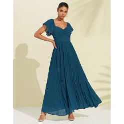 Hot Women's Chiffon Wedding Guest Maxi Dress Elegant Sweetheart Pleated V-Neck Short Sleeve A-Line Formal Evening Dress Women Casual Dress|Cocktail Dress