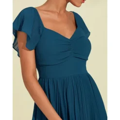 Hot Women's Chiffon Wedding Guest Maxi Dress Elegant Sweetheart Pleated V-Neck Short Sleeve A-Line Formal Evening Dress Women Casual Dress|Cocktail Dress