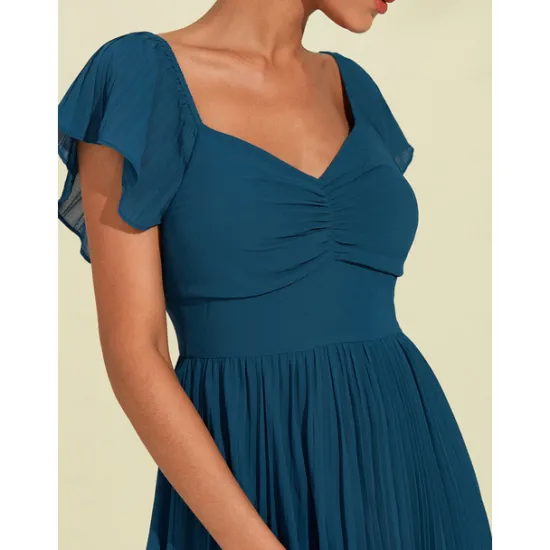 Hot Women's Chiffon Wedding Guest Maxi Dress Elegant Sweetheart Pleated V-Neck Short Sleeve A-Line Formal Evening Dress Women Casual Dress|Cocktail Dress