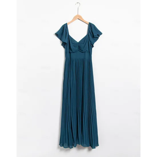 Hot Women's Chiffon Wedding Guest Maxi Dress Elegant Sweetheart Pleated V-Neck Short Sleeve A-Line Formal Evening Dress Women Casual Dress|Cocktail Dress