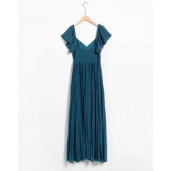 Hot Women's Chiffon Wedding Guest Maxi Dress Elegant Sweetheart Pleated V-Neck Short Sleeve A-Line Formal Evening Dress Women Casual Dress|Cocktail Dress