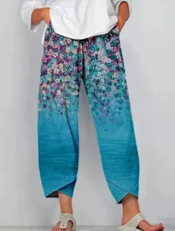 Women's Chinos Baggy Pants Vacation Vintage Ethnic Style Ankle-Length High Waist Floral Graphic Gradient Patchwork Drawstring Printing Breathable Micro-elastic Vacation Street Causal Lake blue Light Women Pants