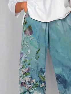 Women's Chinos Baggy Pants Vacation Vintage Ethnic Style Ankle-Length High Waist Floral Graphic Gradient Patchwork Drawstring Printing Breathable Micro-elastic Vacation Street Causal Lake blue Light Women Pants