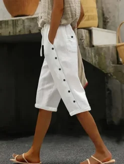 Outlet Women's Chinos Crop Ethnic Style Basic Casual Knee Length High Waist Plain Pocket Comfy Soft Comfortable Micro-elastic Outdoor Street Black White Summer Regular Fit Women Shorts
