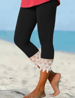 Outlet Women's Chinos Leggings Fashion Streetwear Calf-Length High Waist Plain Lace Patchwork Comfy Soft Comfortable Micro-elastic Outdoor Street Black Wine Blue Summer Regular Fit Women Leggings